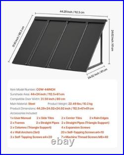 Fixed Metal Awning 44 x 24 in, Window Awning Door Canopy, Stable Triangle Steel