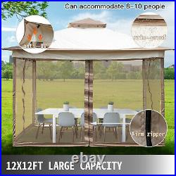 Gazebo Canopy 12'x12' Pop Up Tent Mesh Mosquito Net Patio Solar LED Outdoor