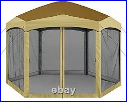 Hexagon Pop Up Gazebo Outdoor Screen Shelter with Netting Brown Beige Color