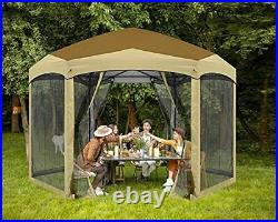 Hexagon Pop Up Gazebo Outdoor Screen Shelter with Netting Brown Beige Color