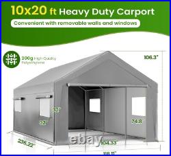 Outdoor 10'x20' Heavy Duty Carport with2 doors&2 Sidewalls, Canopy Garage Shed Tent