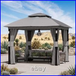 Outdoor Patio Gazebo 10'x10' Netting and Curtain withLED Light & Bluetooth Speaker