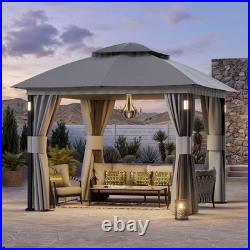 Outdoor Patio Gazebo 10'x10' Netting and Curtain withLED Light & Bluetooth Speaker