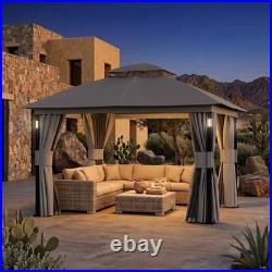 Outdoor Patio Gazebo 10'x12' Netting and Curtain withLED Light & Bluetooth Speaker