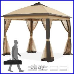 Outdoor Pop Up Canopy Garden Gazebo Tent with Mesh Netting and Solar LED Lights