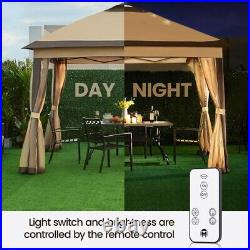 Outdoor Pop Up Canopy Garden Gazebo Tent with Mesh Netting and Solar LED Lights