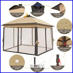 Outdoor Pop Up Canopy Garden Gazebo Tent with Mesh Netting and Solar LED Lights