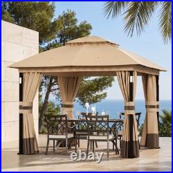 Patio Gazebo 10'x10' Netting and Curtain withLED Light & Bluetooth Speaker Khaki