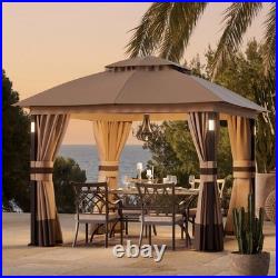 Patio Gazebo 10'x10' Netting and Curtain withLED Light & Bluetooth Speaker Khaki