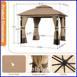 Patio Gazebo 10'x10' Netting and Curtain withLED Light & Bluetooth Speaker Khaki