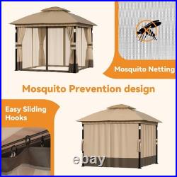 Patio Gazebo 10'x10' Netting and Curtain withLED Light & Bluetooth Speaker Khaki