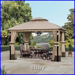 Patio Gazebo 10'x12' Netting and Curtain withLED Light & Bluetooth Speaker Khaki