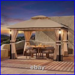 Patio Gazebo 10'x12' Netting and Curtain withLED Light & Bluetooth Speaker Khaki