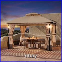 Patio Gazebo 10'x12' Netting and Curtain withLED Light & Bluetooth Speaker Khaki