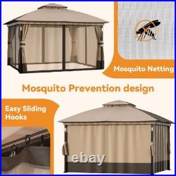 Patio Gazebo 10'x12' Netting and Curtain withLED Light & Bluetooth Speaker Khaki