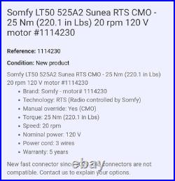 Somfy 535A2 SUNEA CMO RTS 120Volts 35Nm 20rpm, 308 in lbs 60 Hz