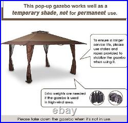 Sophia & William 13' x 13' Ez Pop Up Gazebo 8 Stakes, 4 Guy Ropes, UPF50+, Brown